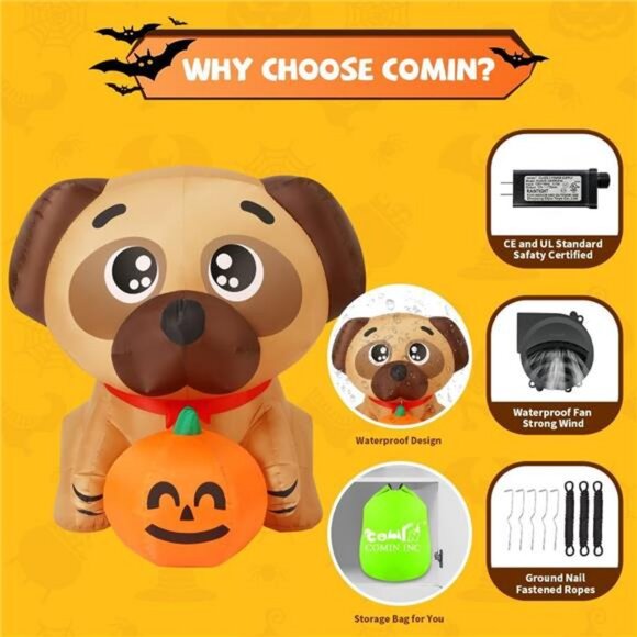 5 FT Halloween Inflatables Dog Outdoor Yard Decorations Blow Up Pug - Picture 6 of 7